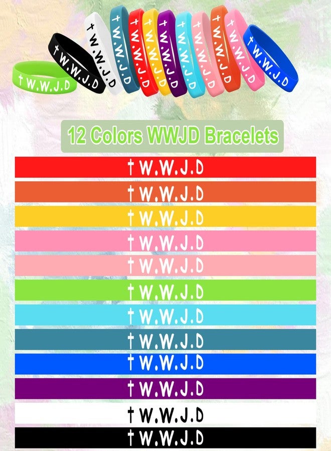 MATEPLUS 48Pcs WWJD Silicone Bracelets for Kids, 12 Colors What Would Jesus Do Rubber Bracelet Bulk Motivational Religious Christian Wristands for Party Church School - Image 5